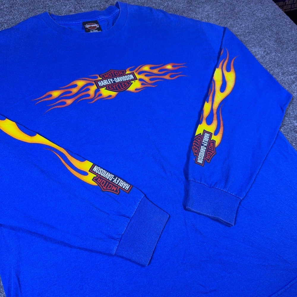 Vintage Harley Davidson Blue Flame Fire Graphic Long Sleeve T-Shirt XL